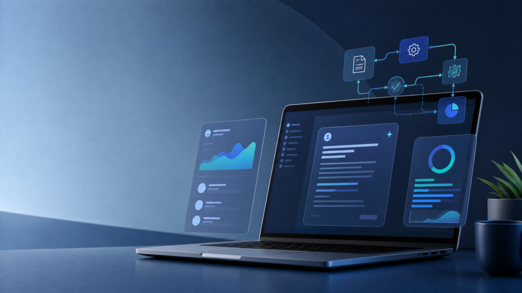 AI workflow interface supporting drafting, automation and productivity for a UK small business